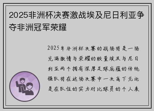 2025非洲杯决赛激战埃及尼日利亚争夺非洲冠军荣耀