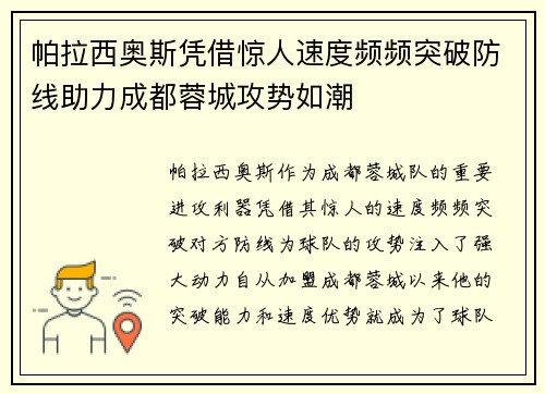 帕拉西奥斯凭借惊人速度频频突破防线助力成都蓉城攻势如潮